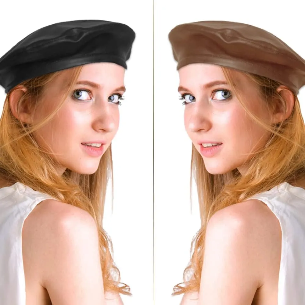Wheebo PU Leather Berets for Women French Beret Hats Artist Painter Hat Classic Solid Style