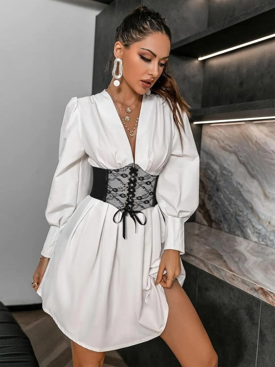 WHIPPY Women Lace-up Corset Waist Belt Transparent PVC Lace Crochet Petal Elastic Wide Belt for Dress