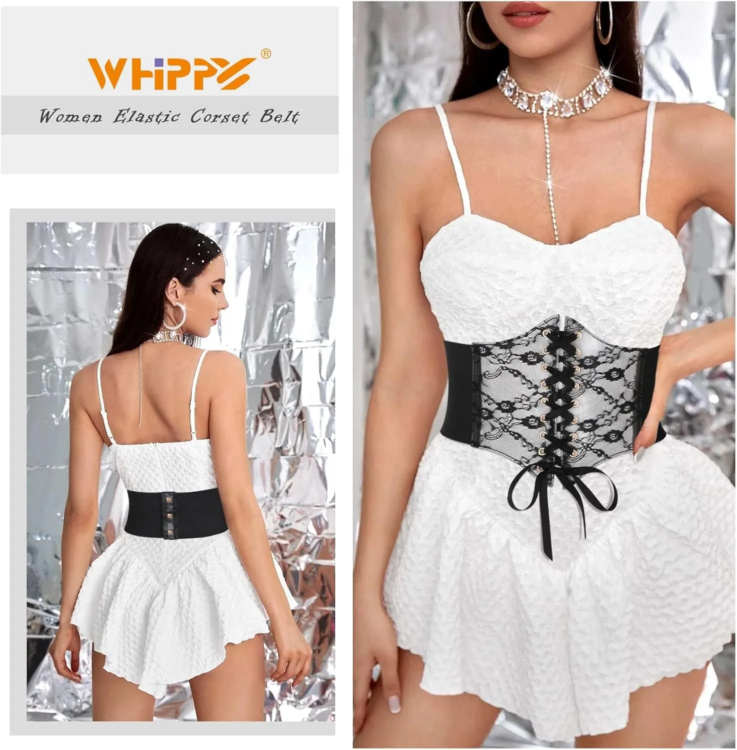 WHIPPY Women Lace-up Corset Waist Belt Transparent PVC Lace Crochet Petal Elastic Wide Belt for Dress