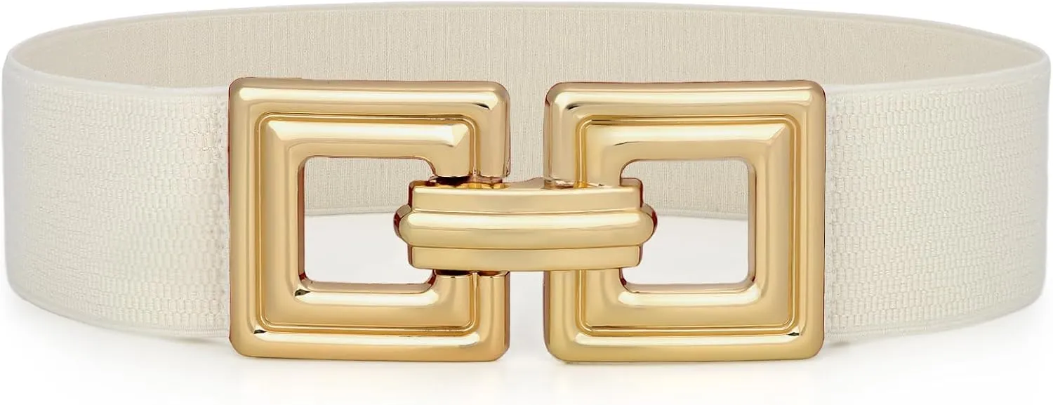 WHIPPY Women Wide Elastic Waist Belt Fashion Hollow Out Square Gold Buckle Stretchy Belt Waistband for Ladies