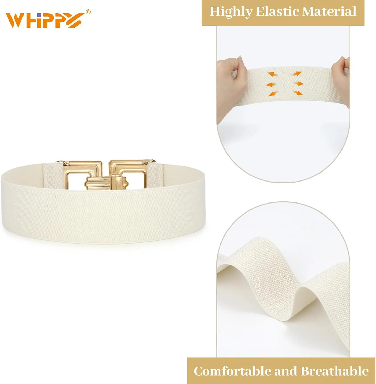 WHIPPY Women Wide Elastic Waist Belt Fashion Hollow Out Square Gold Buckle Stretchy Belt Waistband for Ladies