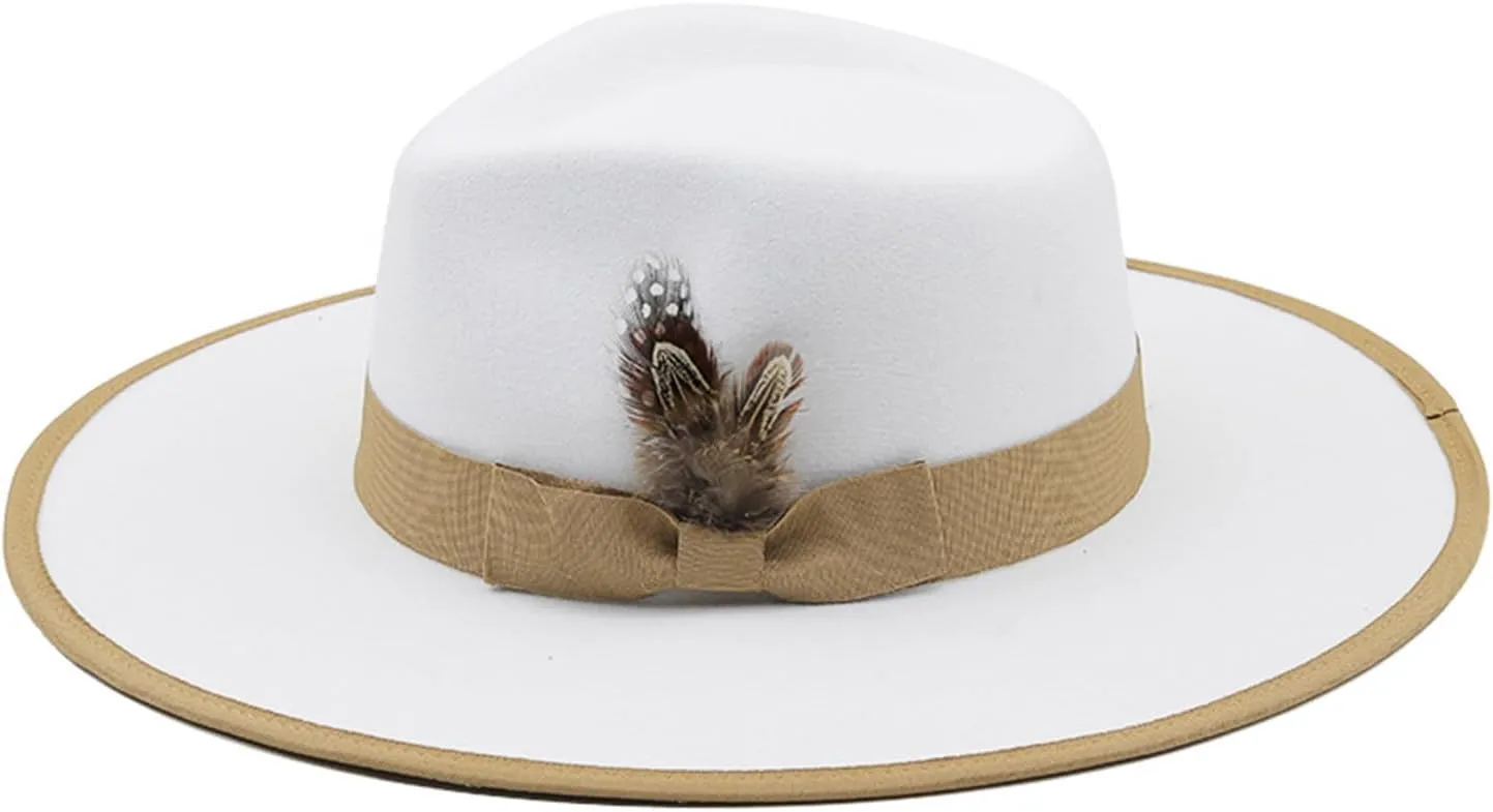 White Wide Brim Flat Panama Hat for Womens Men Feather Bowknot Wool Fedora Hat Sun Hats Casual Party Church Hat