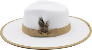 White Wide Brim Flat Panama Hat for Womens Men Feather Bowknot Wool Fedora Hat Sun Hats Casual Party Church Hat