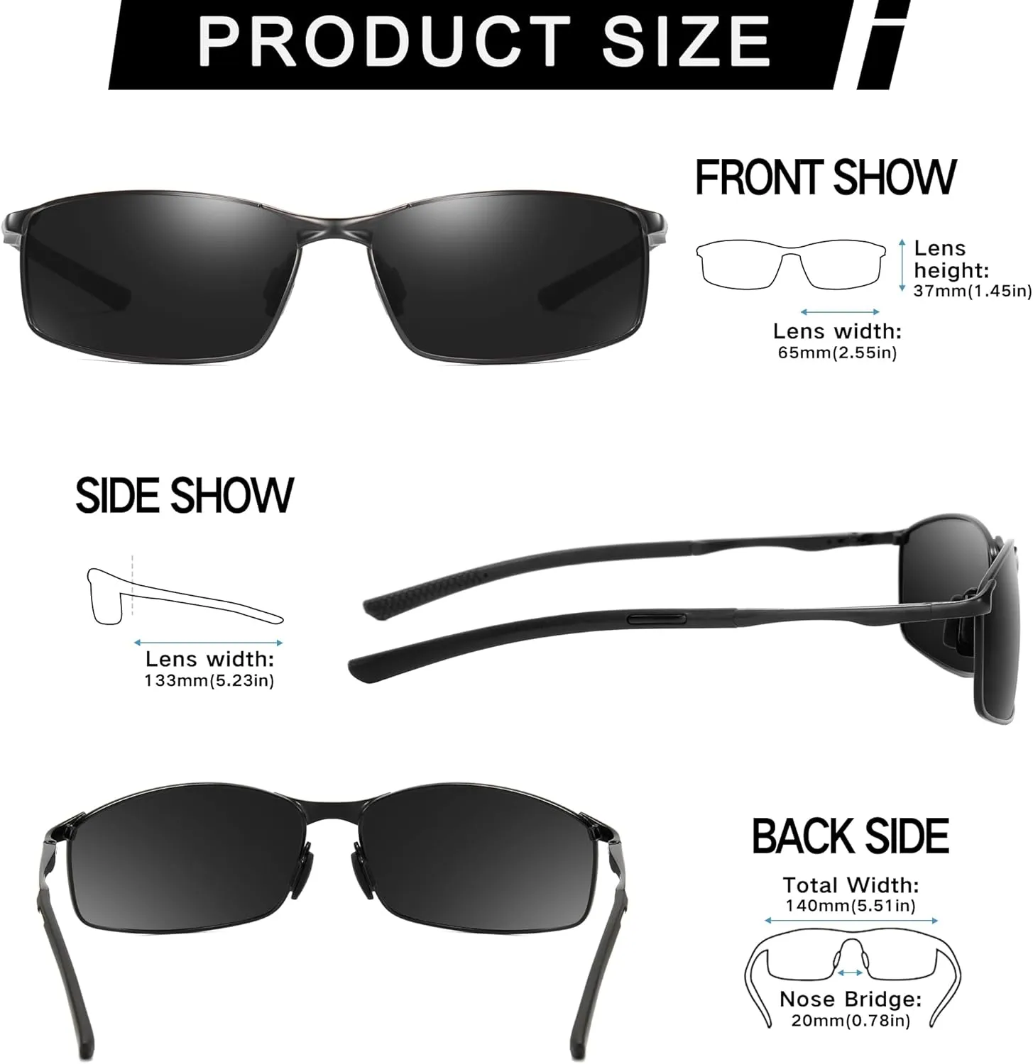Wide Metal Frame Polarized Sunglasses Rectangle UV400  Protection Skinny Retro Sunnies for Men Women