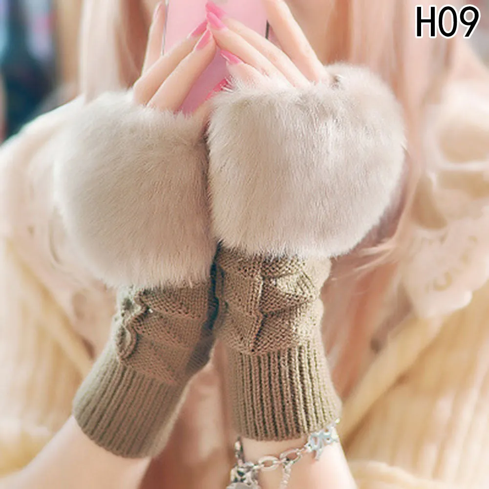 Women Faux Rabbit Fur Hand Wrist Knitted Fingerless Knitting Mittens Winter Autumn Warmer Gloves