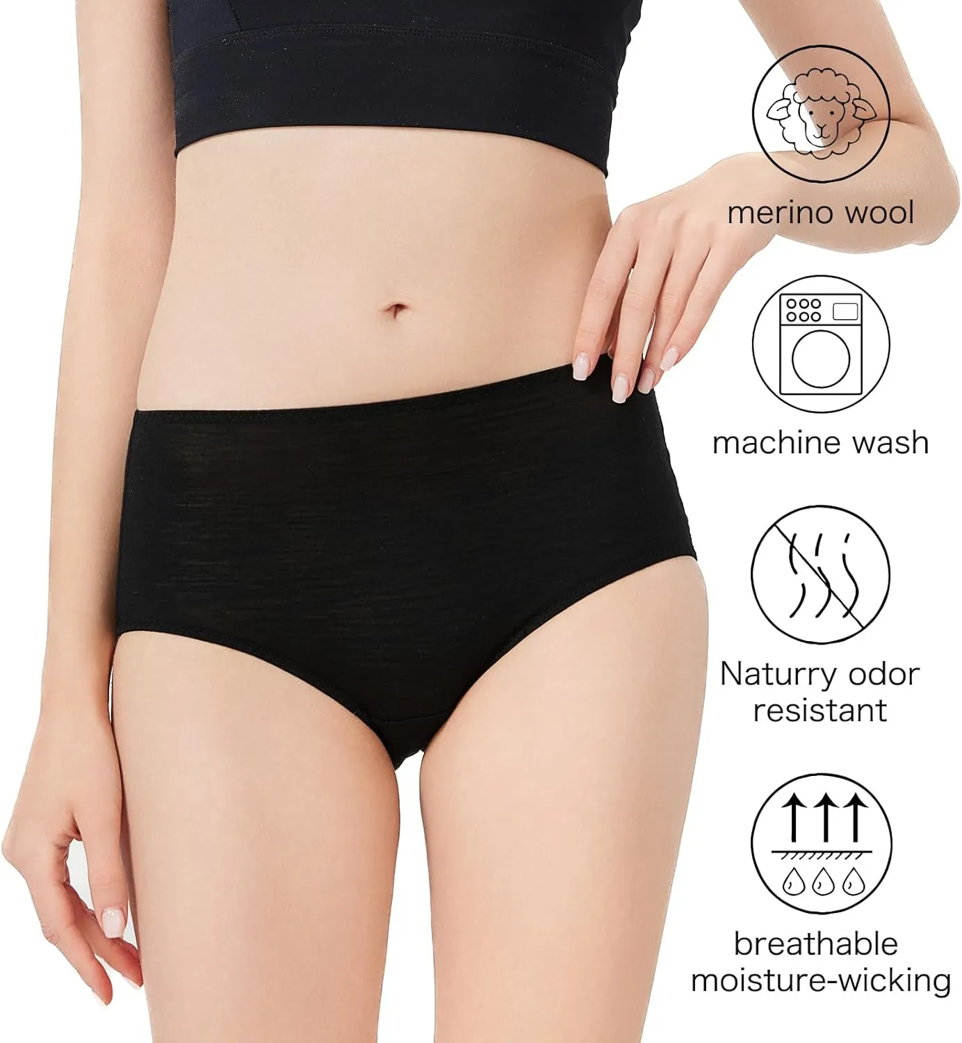 Womens Merino Wool High-Waisted Underwear, Quick-Drying Briefs for Hiking Outdoors
